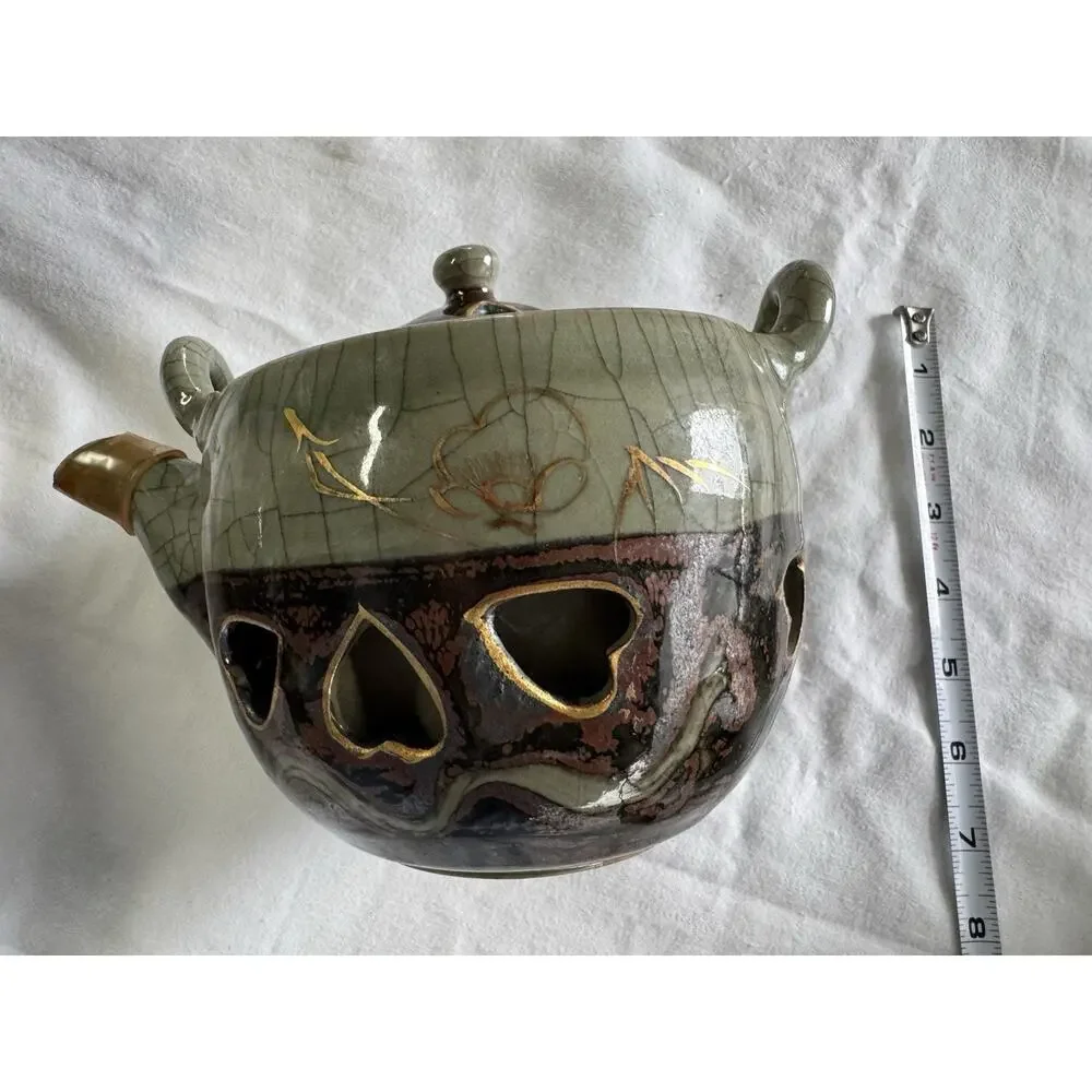 Vintage Japanese Somayaki Somamare 5 piece Tea Set Green Crackle Glaze Gold